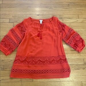 Orange Chico’s Embroidered Peasant Blouse with Tassel Tie